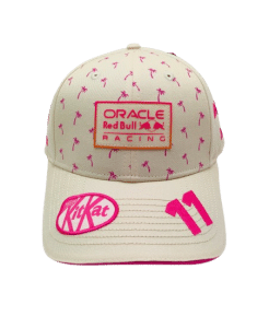 The Oracle Red Bull Sergio Perez cap showcases the New Era flag prominently positioned on the right side. The cap features the driver's number 11 elegantly displayed at the peak, complemented by striking pink embroidery. Additionally, the rear of the cap is adorned with the word "Miami" also rendered in pink embroidery, adding a vibrant touch to the overall design.