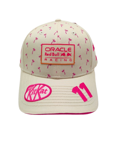 The Oracle Red Bull Sergio Perez cap showcases the New Era flag prominently positioned on the right side. The cap features the driver's number 11 elegantly displayed at the peak, complemented by striking pink embroidery. Additionally, the rear of the cap is adorned with the word 